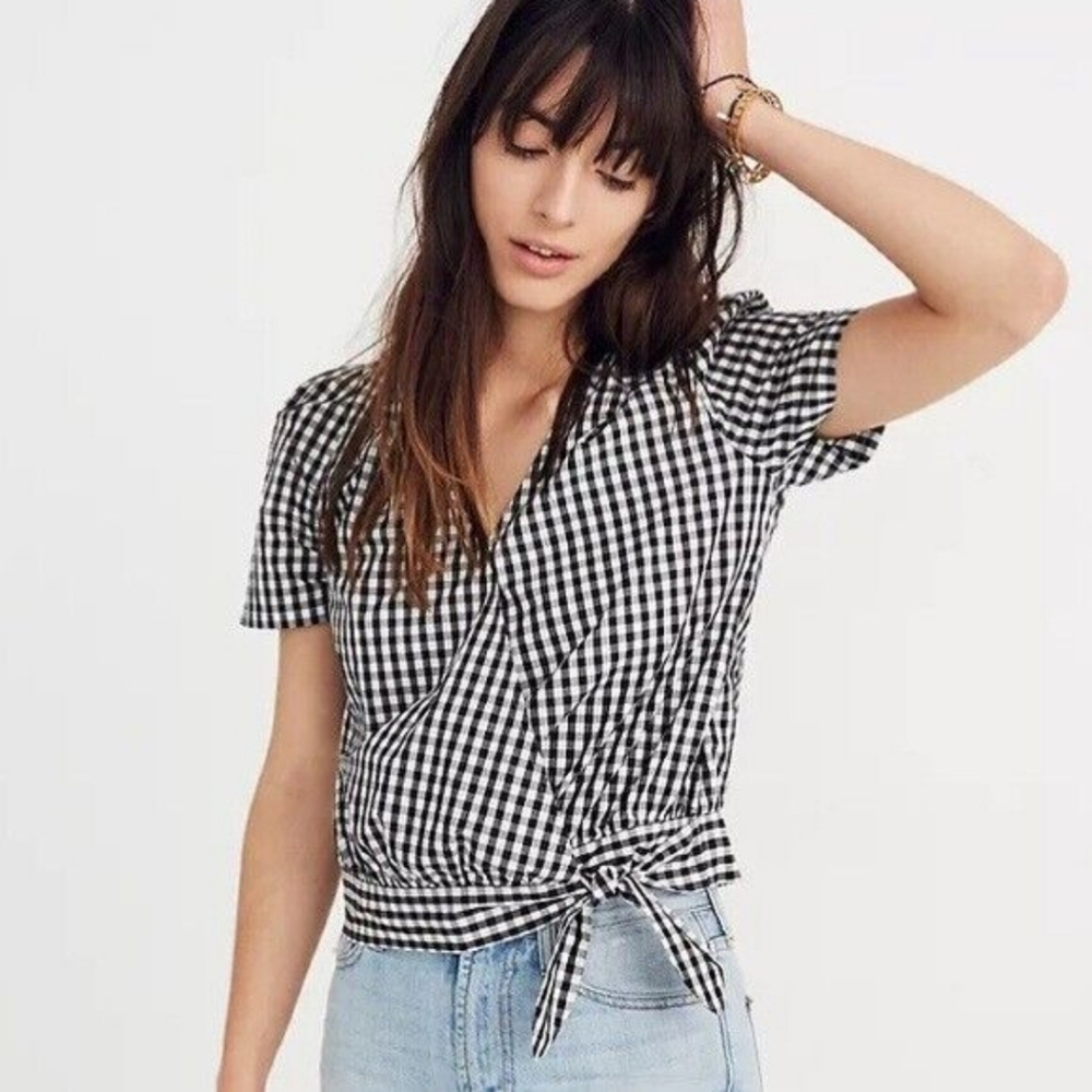 Madewell Black and White Gingham Wrap Blouse